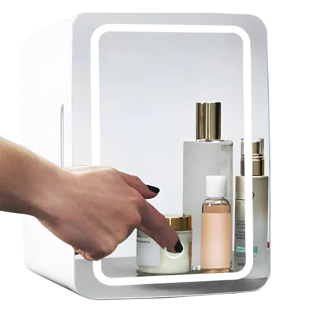 Mini makeup fridge in white with 22℃ to 65℃ cooler and warmer function, 12V and 220V power, removable shelf and 48W rating