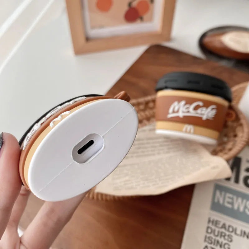 Brown coffee cup shaped silicone earphone case for AirPods with printed pattern