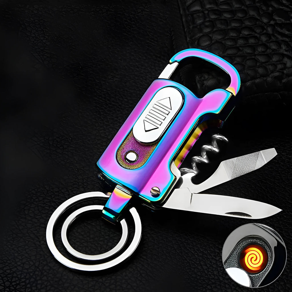 Multi-functional keychain charging lighter in zinc alloy with ice surface finish, black colour option