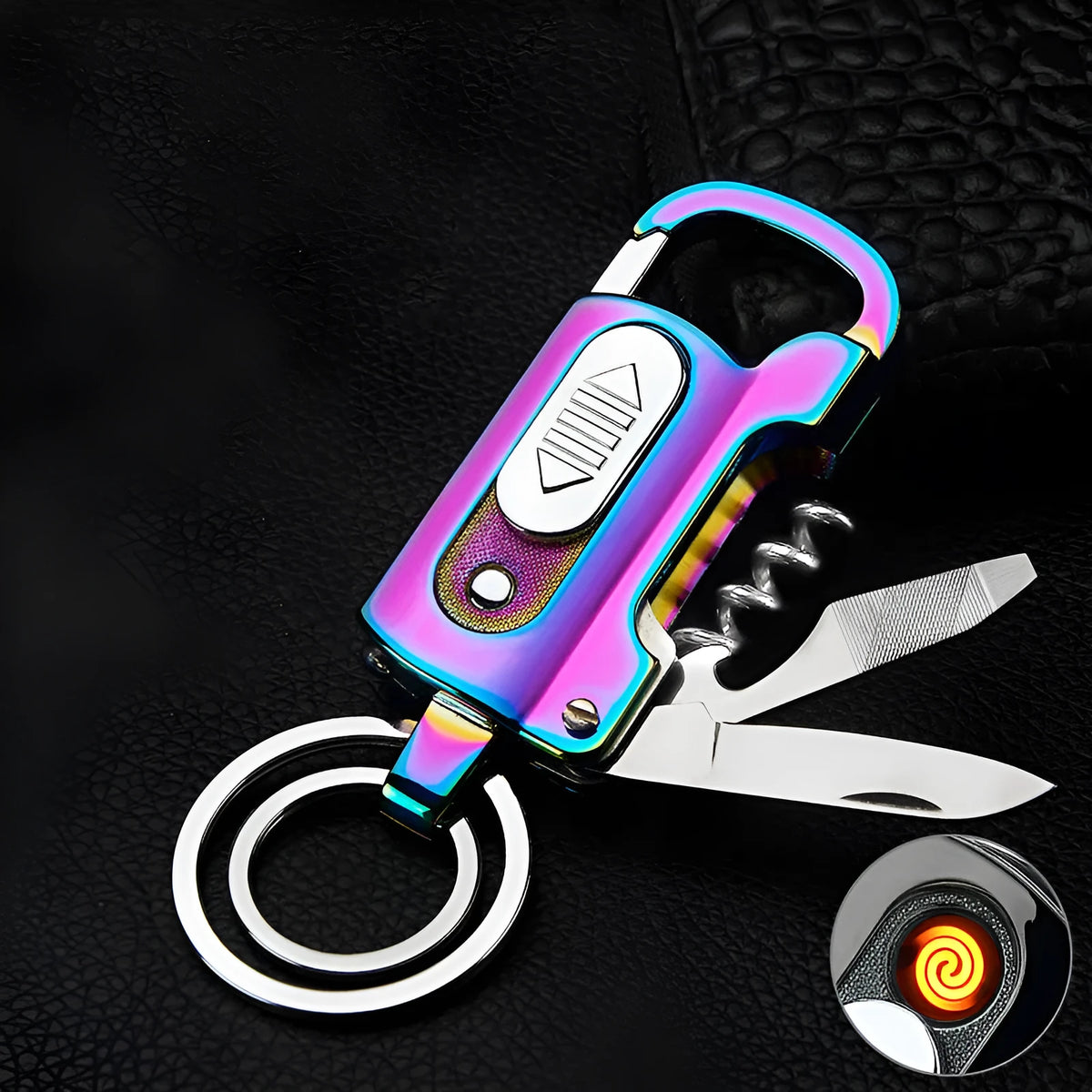 Multi-functional keychain charging lighter in zinc alloy with ice surface finish, black colour option