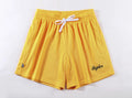 Men's double-layer mesh shorts in various colours on a size chart background.