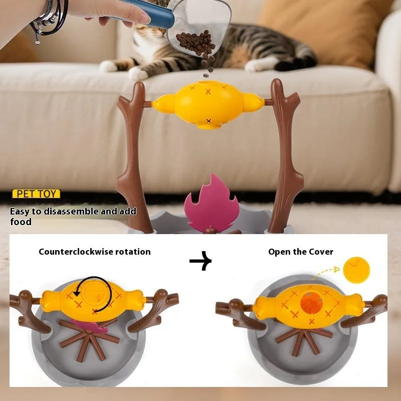 Tumbling barbecue design cat feeder toy with food compartments measuring 30x30x29cm