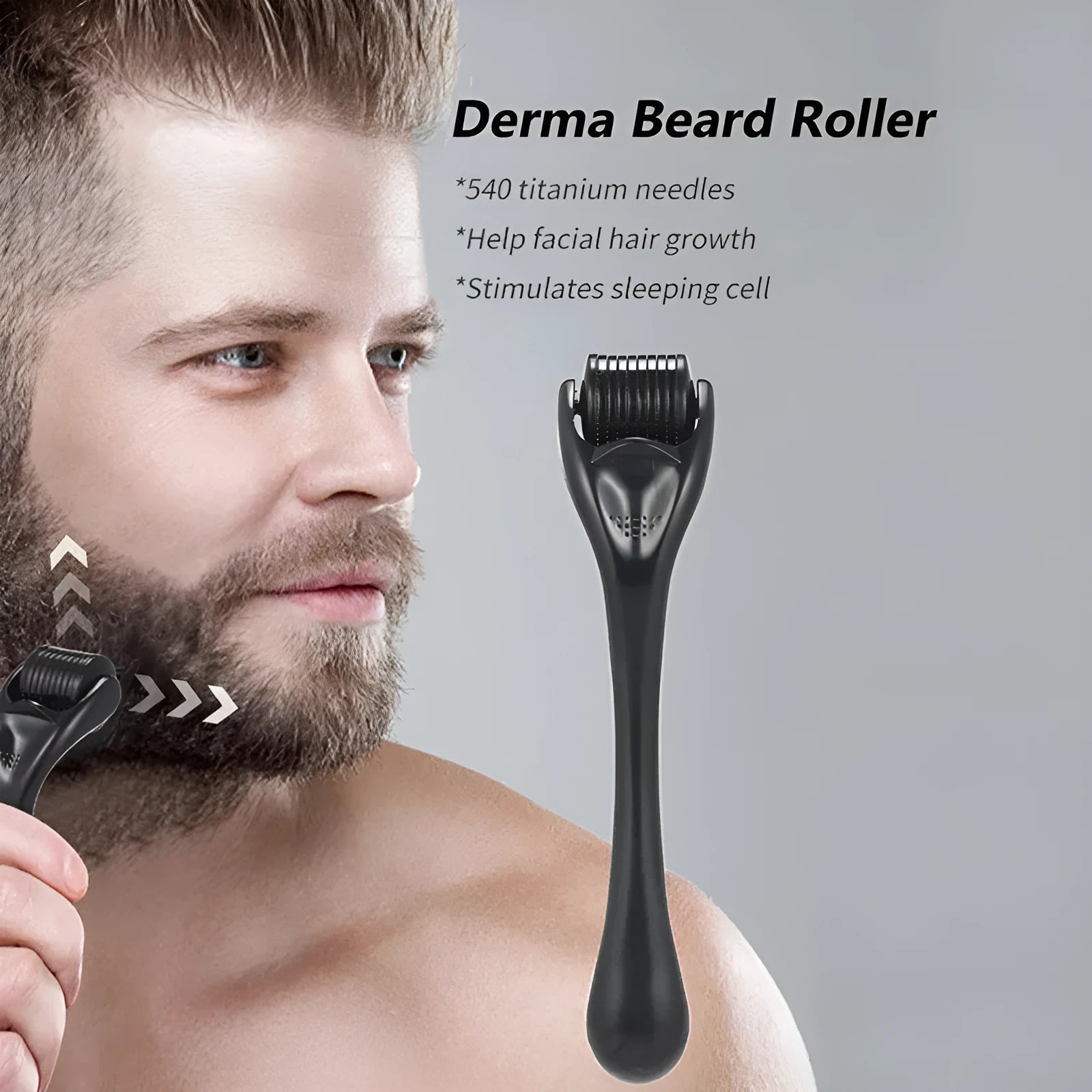 Black and purple titanium derma roller with 540 microneedles for face, hair, beard, and body.