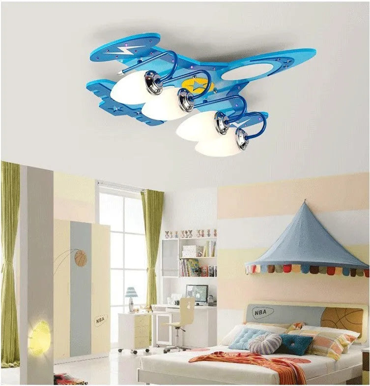 Children's wooden airplane cartoon ceiling light with rectangular glass shade and remote control
