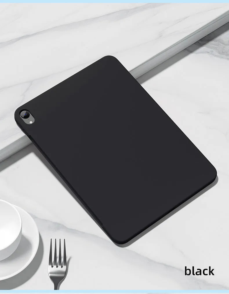 Liquid silicone protective case for iPad tablets in various colours showing full-body coverage design