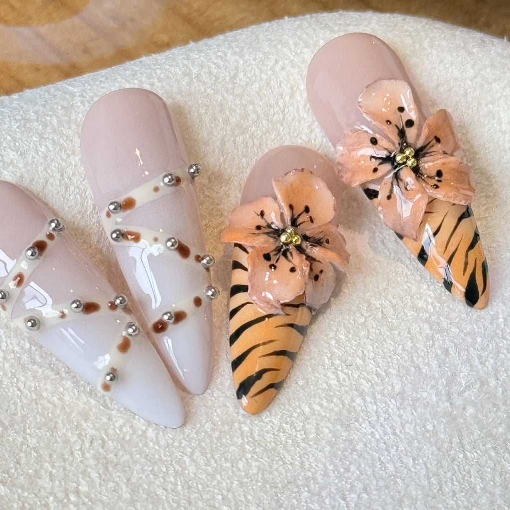 Handmade French style leopard print nail stickers with cross and flower designs in sizes XS S M L