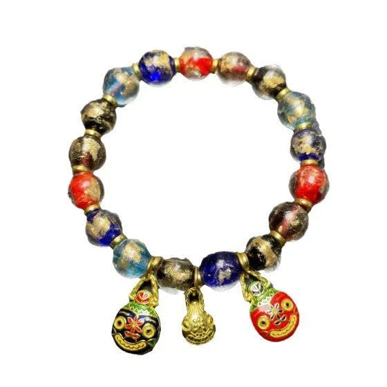 Geometric glass bracelet with auspicious patterns in red, purple, blue, green, black, or colourful.
