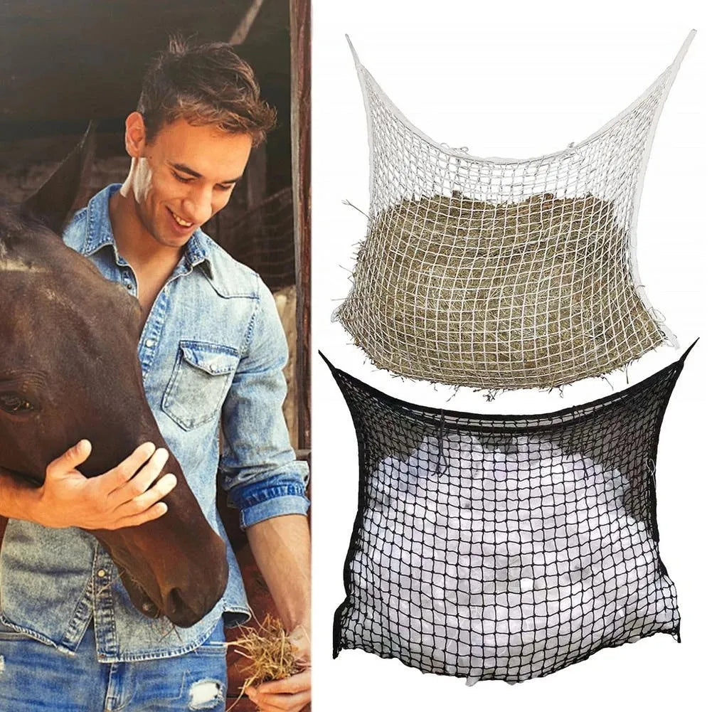 Woven PE rope horse feeding bag hanging with grid design in black colour