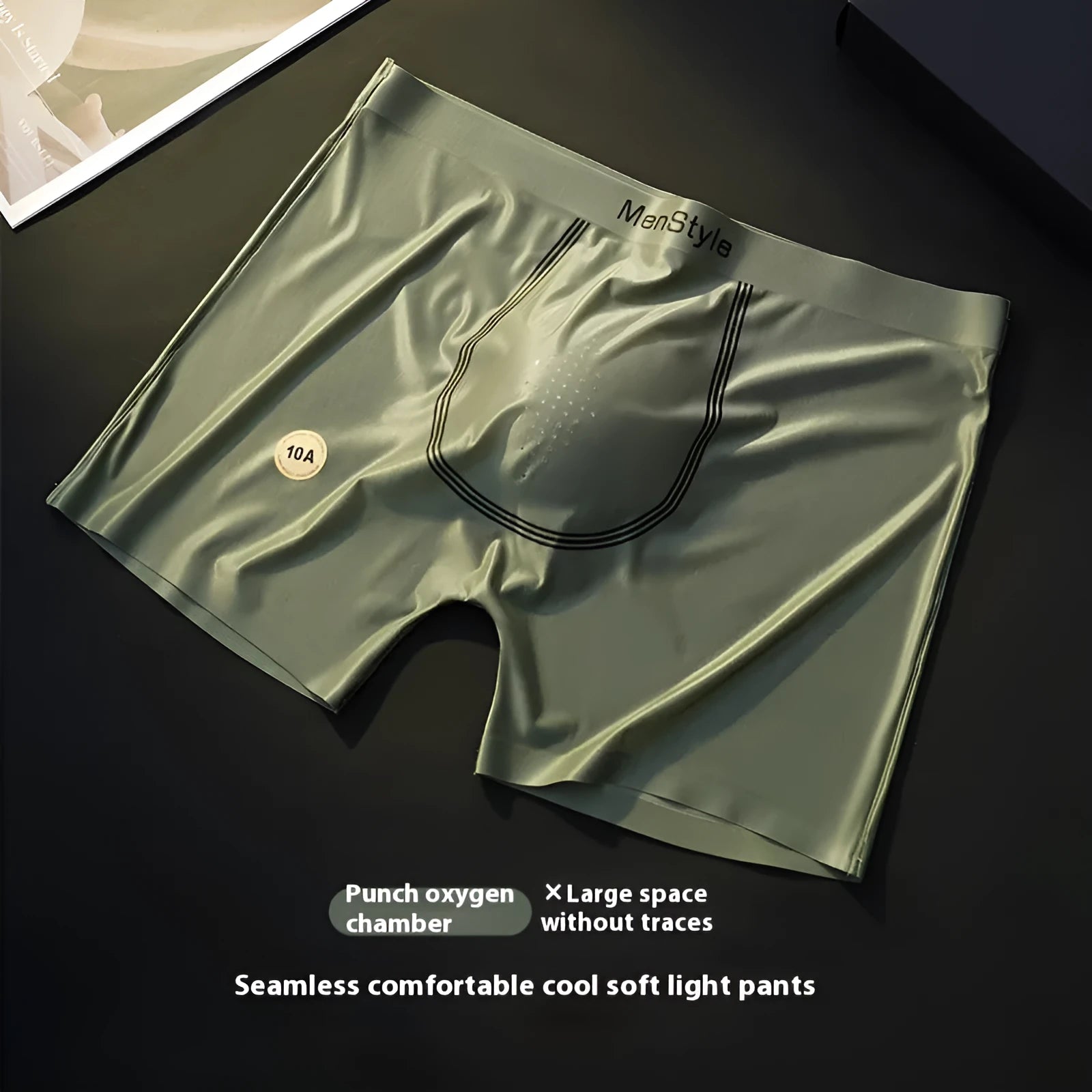Men's seamless boxer shorts in satin ice silk nylon showing single-layer crotch construction