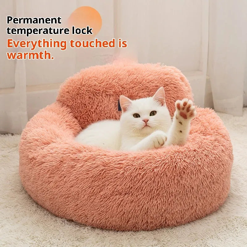 Round soft cloth cat bed with long wool backrest, 48cm diameter, light gray