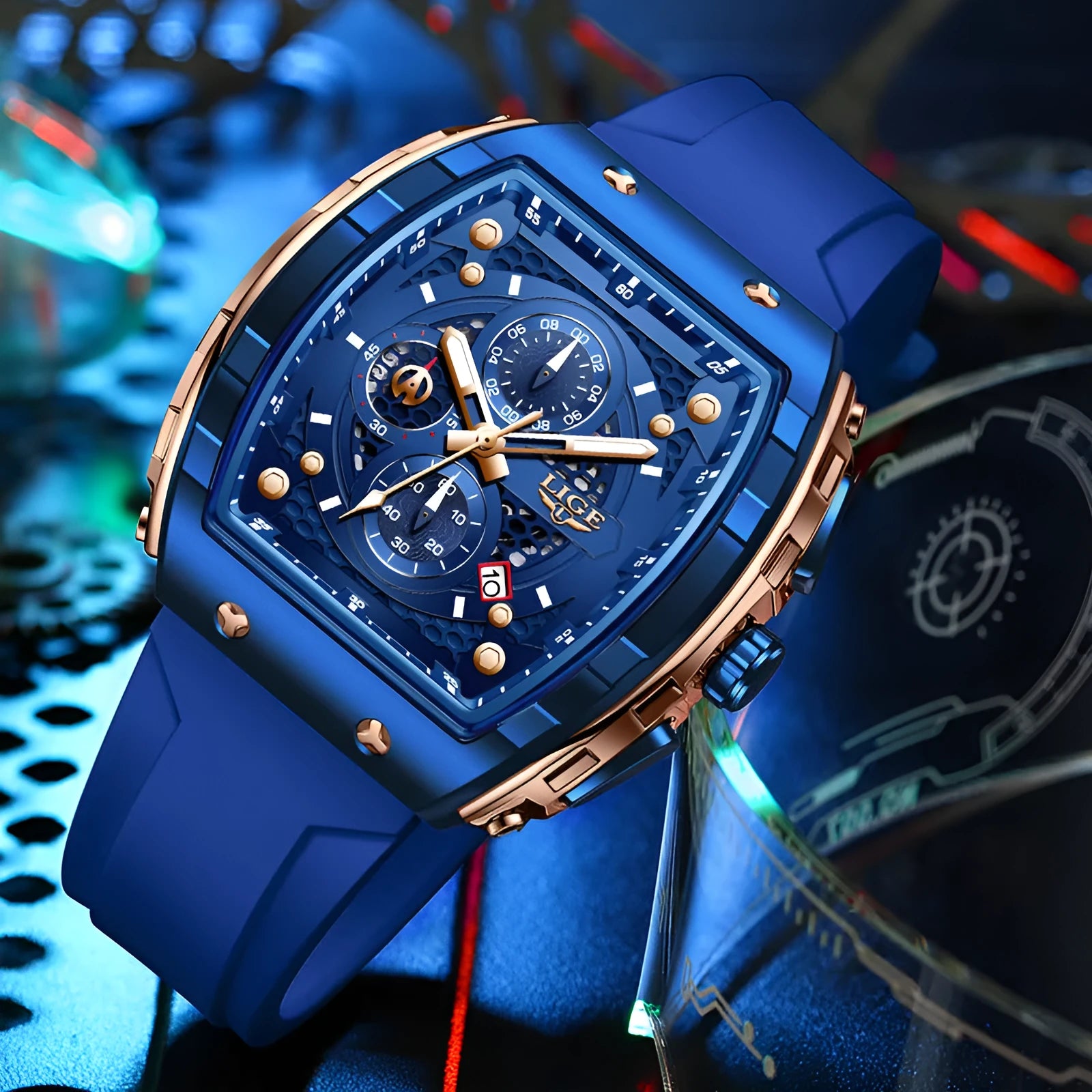 Men's sports quartz watch with 50mm luminous dial, mineral glass mirror, and stainless steel case in black finish
