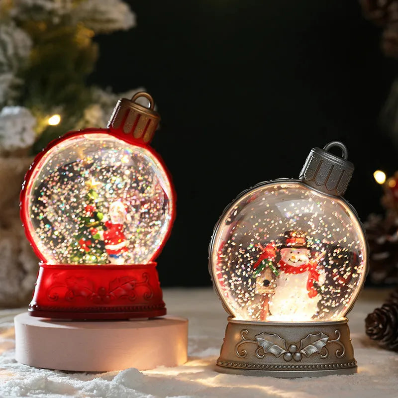 Christmas LED flame light decoration showing four character options: old man, snowman, child tree, and angel designs