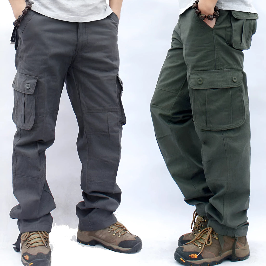 Men's multi-pocket cotton workwear trousers in solid colour, straight-leg design, mid-waist, zipper fly