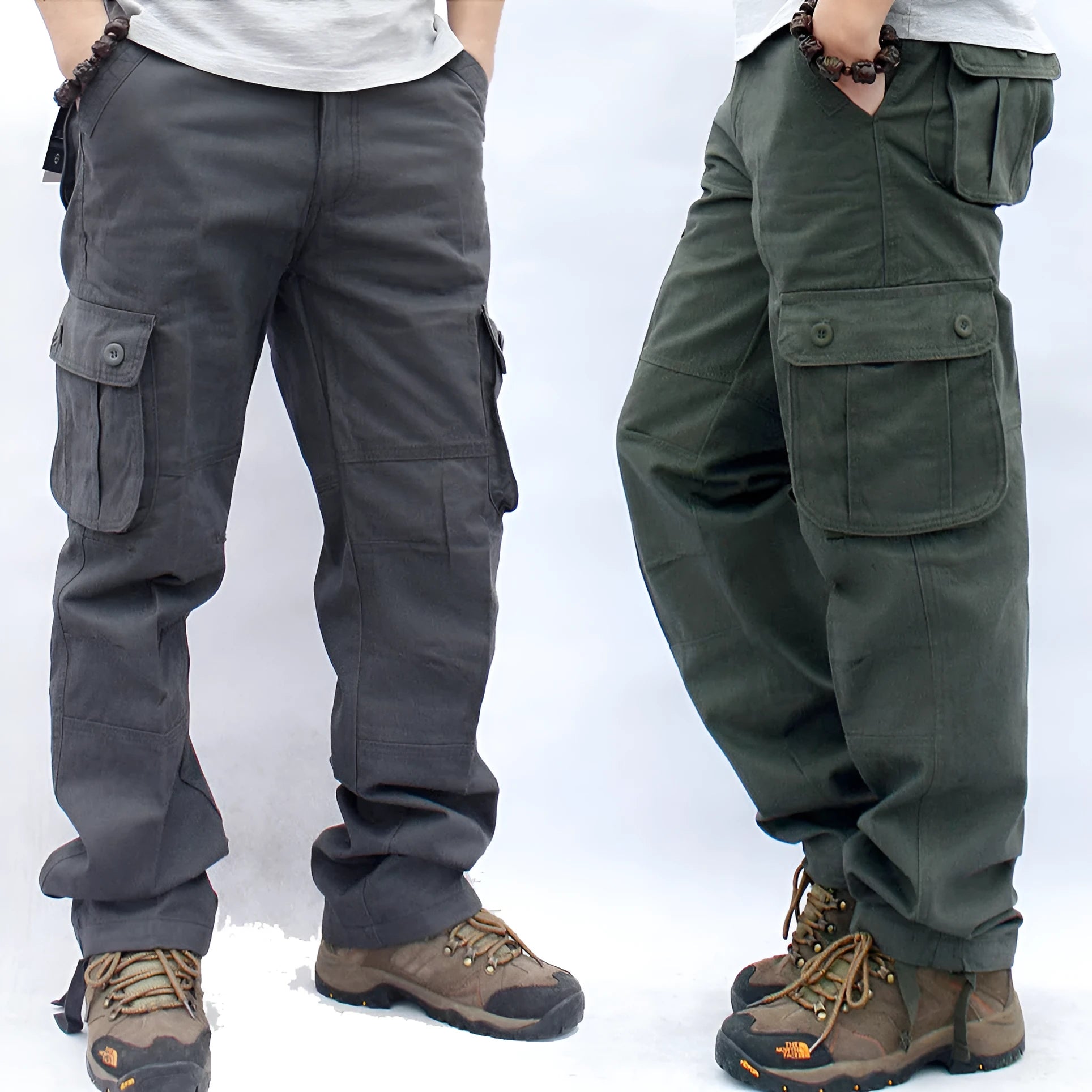 Men's multi-pocket cotton workwear trousers in solid colour, straight-leg design, mid-waist, zipper fly