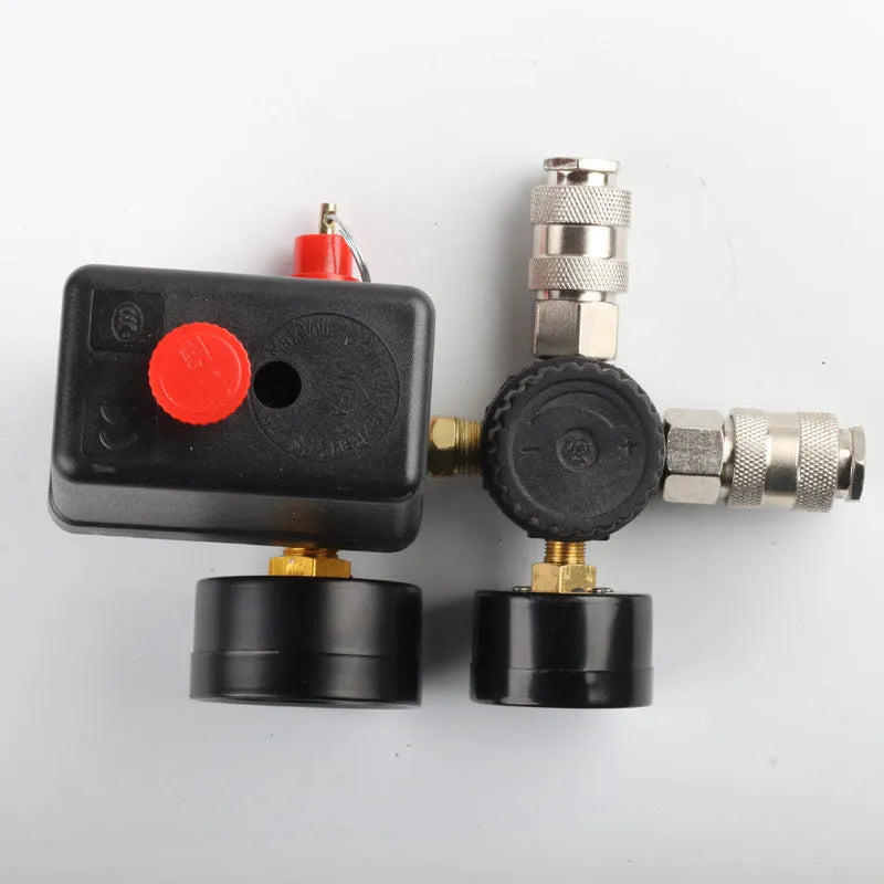 European-style air compressor pressure switch assembly showing connection ports and labelled switch box.