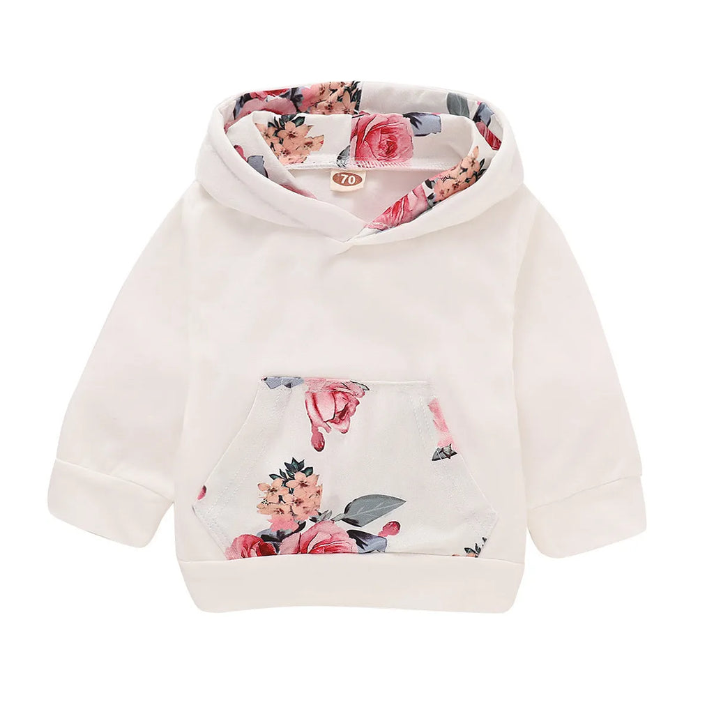 White cotton hooded tracksuit for baby girls with long sleeves and trousers
