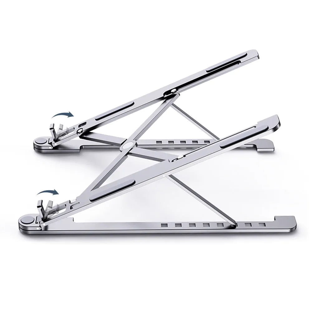 Aluminium foldable laptop stand shown in silver colour, adjusted to a mid-height position.