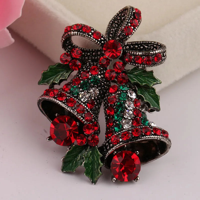 Christmas suit pin brooch alloy inlaid artificial gems ancient gold colour bells style