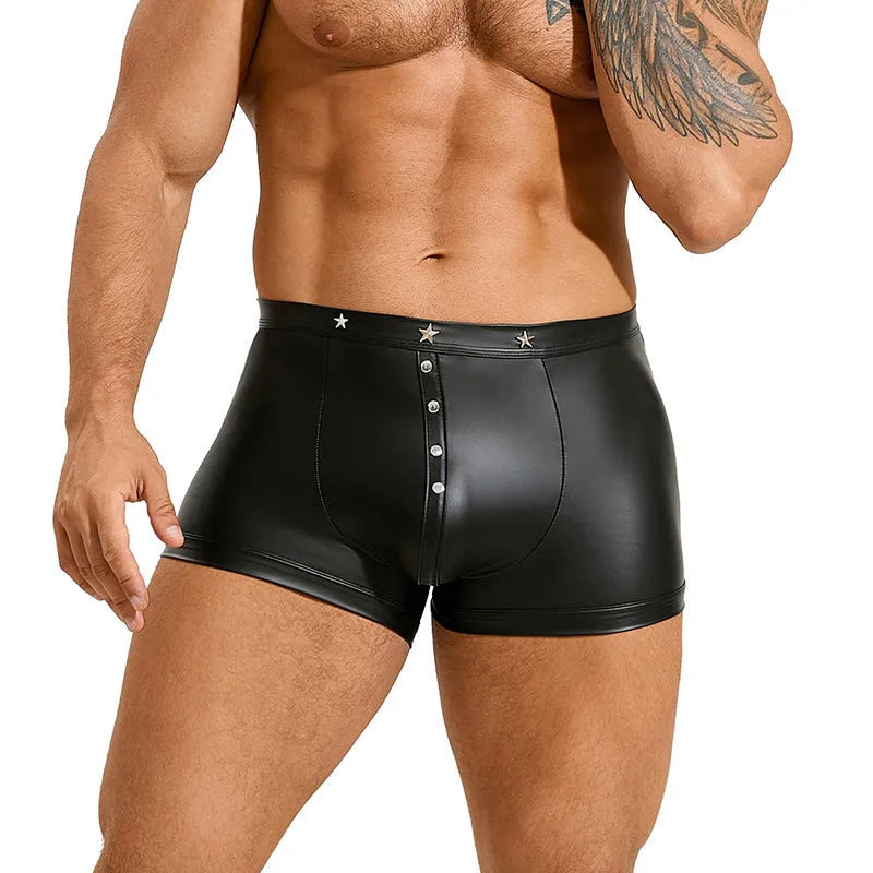 Black PU leather men's boxer shorts with U pouch design shown in Asian sizes M to 3XL