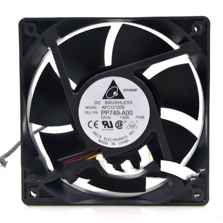 Delta AFC1212DE 120mm 12V PWM cooling fan with 4-wire lead, PBT glass fibre frame, and double ball bearing