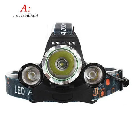 Aluminum alloy rechargeable LED headlamp with elastic headband, shown illuminating in dark setting.