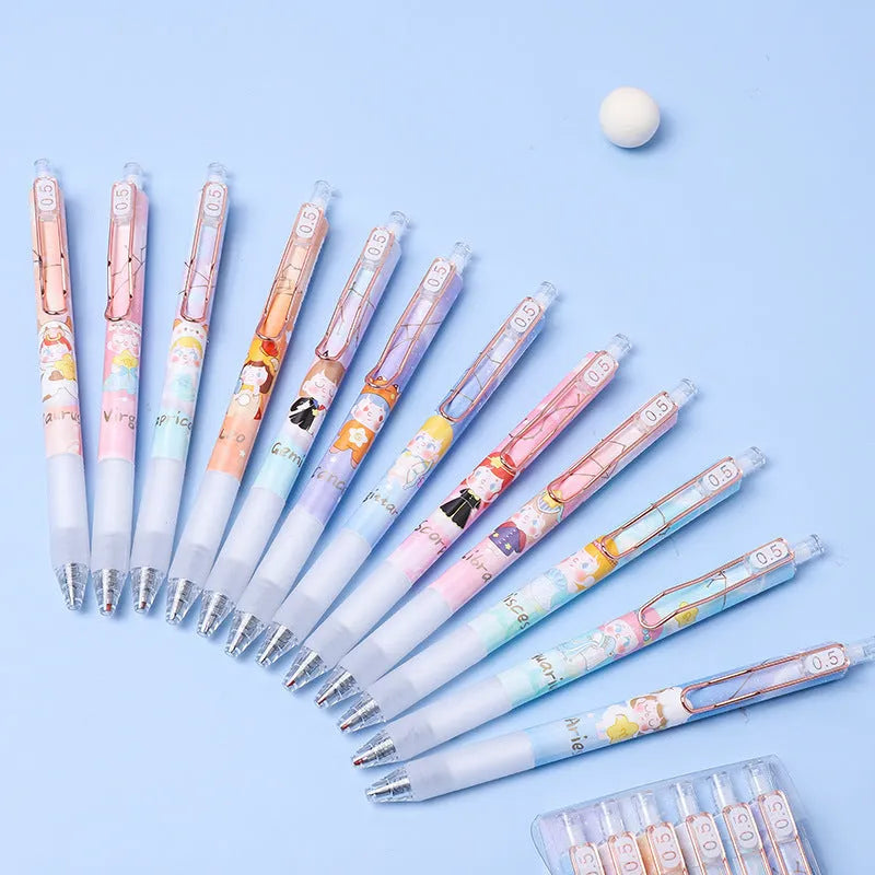 Six Lisa's Secret Constellation press gel pens with zodiac cartoon designs and 0.5mm tips