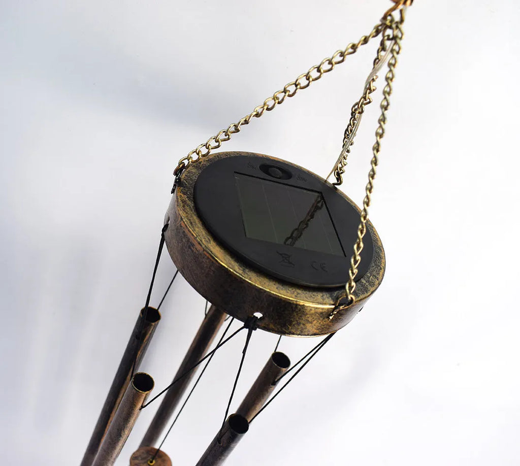 Wrought iron and glass solar wind chime pendant with warm white LED, Moon Star or Sun style, 18x11x104cm