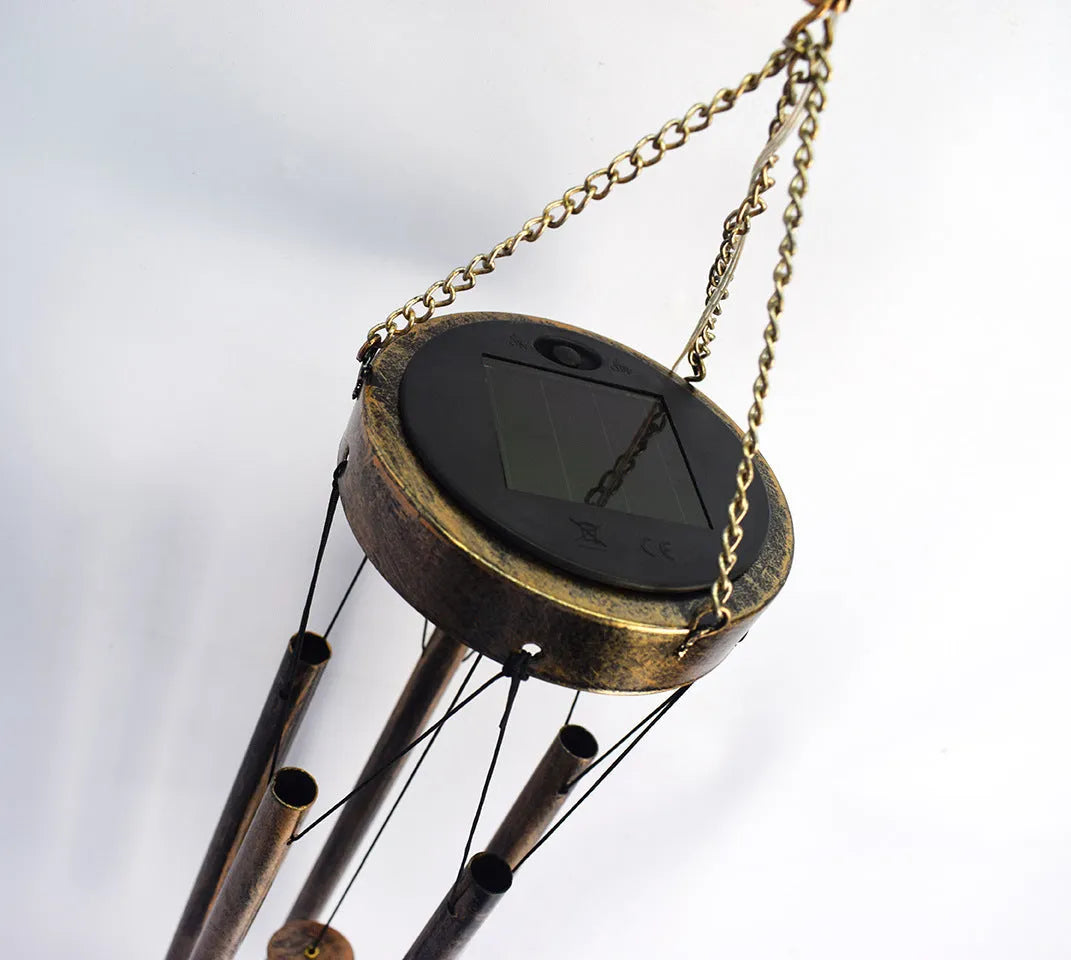 Wrought iron and glass solar wind chime pendant with warm white LED, Moon Star or Sun style, 18x11x104cm