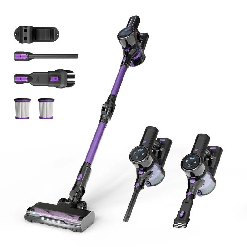 Black and purple brushless foldable handheld vacuum cleaner on a plain background