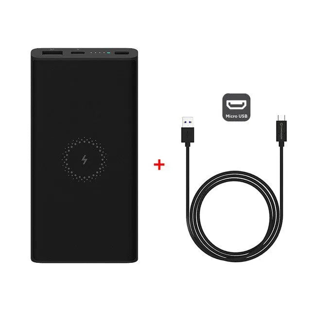 White and black 10000mAh power bank with USB-C port and wireless charging capability