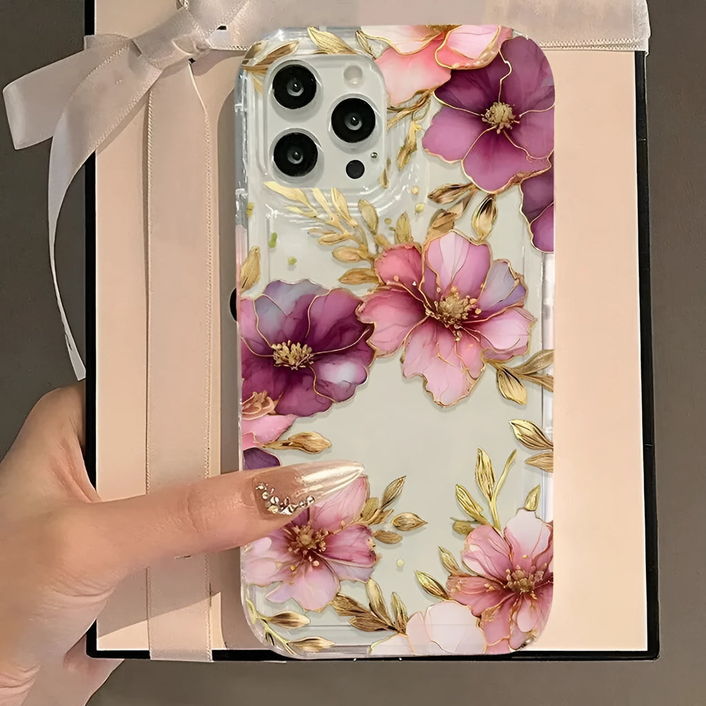 Pink purple flowers TPU air spring phone case for iPhone 12 Pro Max, transparent frosted finish