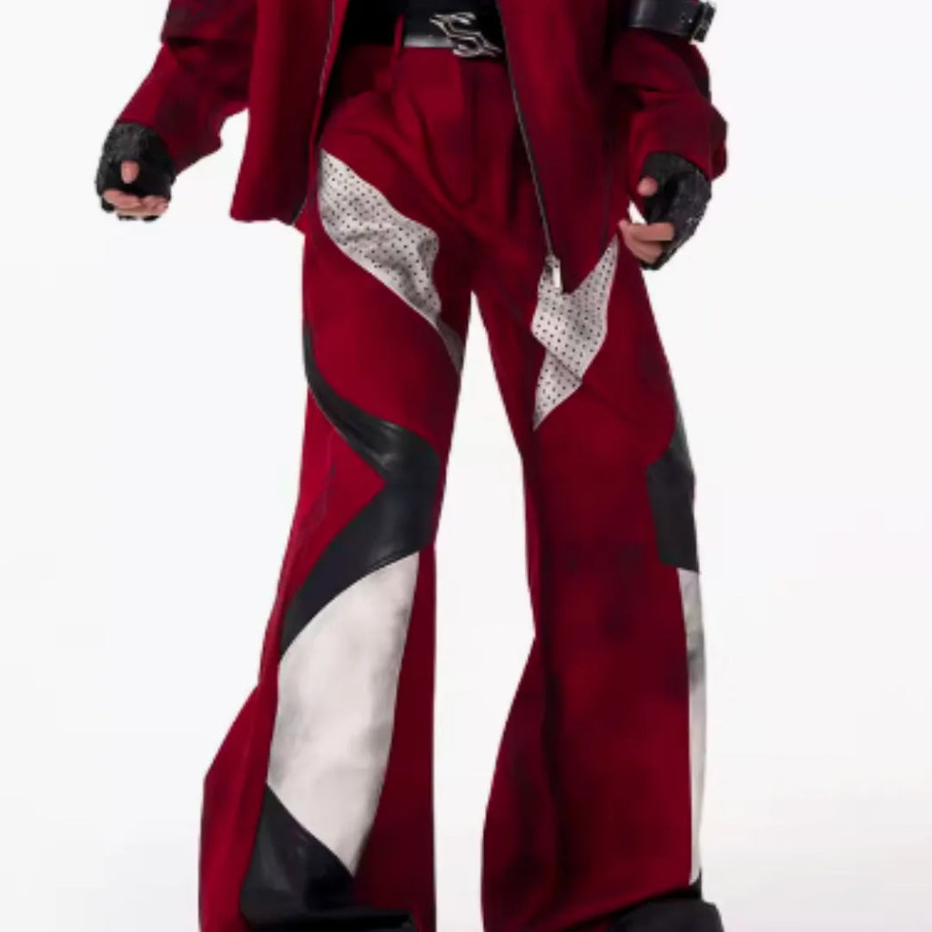 Niche leather patchwork design jeans for men in dark red with wide leg and water-washed denim