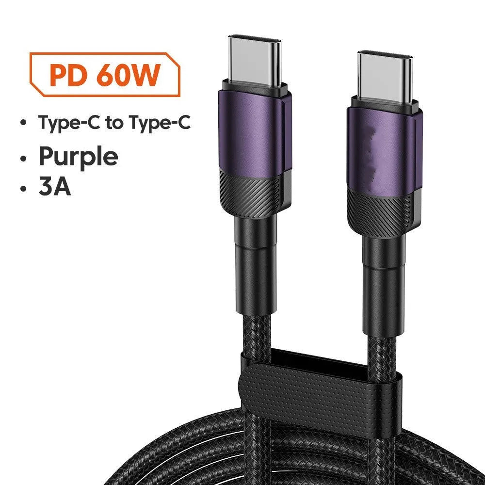 Aluminium alloy USB C fast charge cable with woven braiding in blue colour showing connector detail