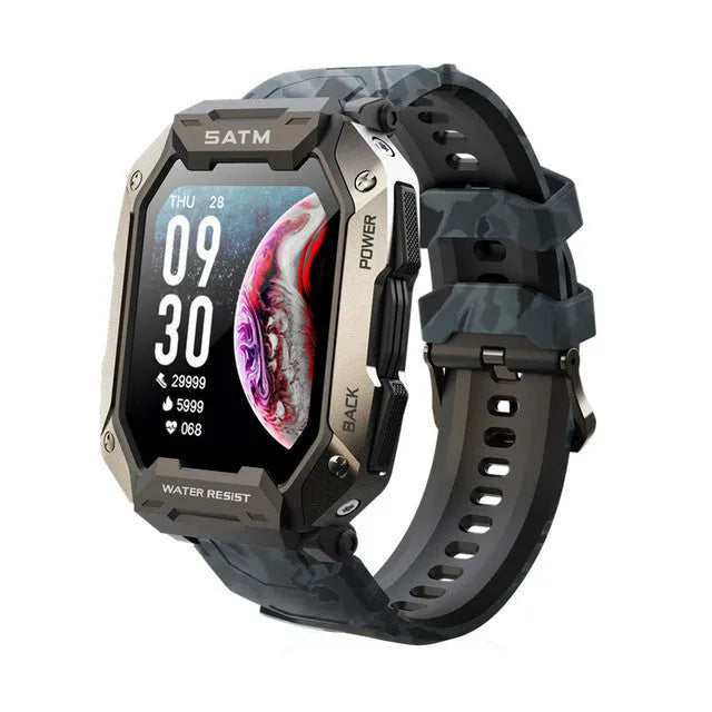 Men's smartwatch with silicone wristband showing health monitoring display