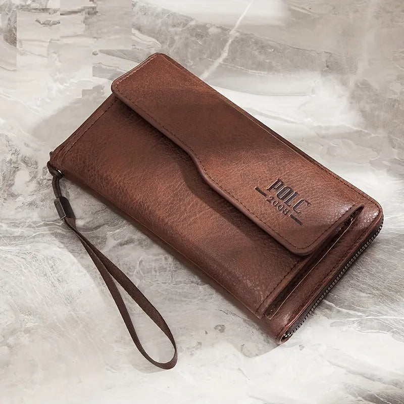 New men's long zipper wallet in black with multiple card slots and large capacity for mobile phone