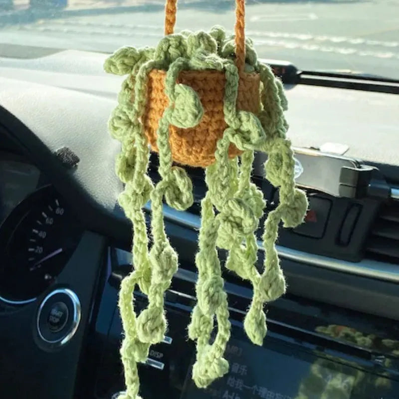 Green and white knitted car plant ornament with 8cm basin base and hanging rope for vehicle interiors