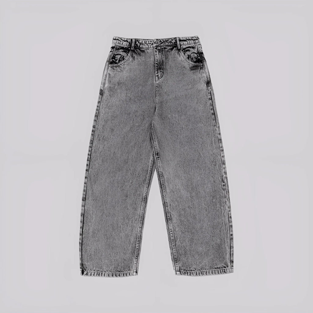 Grey loose fit straight-leg denim trousers on a mid-waist hanger