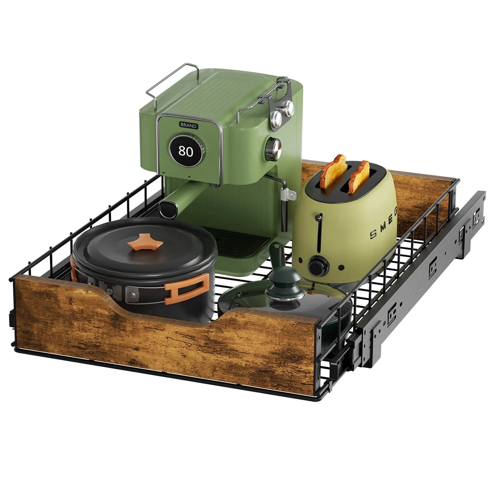 Black wooden and iron pull-basket storage rack with scalable design for home organisation