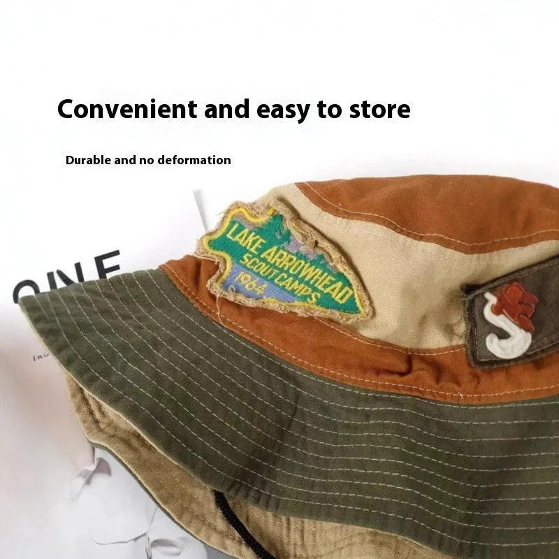 Army green cotton fisherman hat with hand-painted patchwork retro design and flat top crown