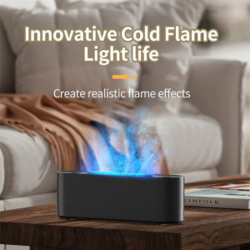 Black or white ultrasonic humidifier and aroma diffuser with LED lights creating flame mist effect.