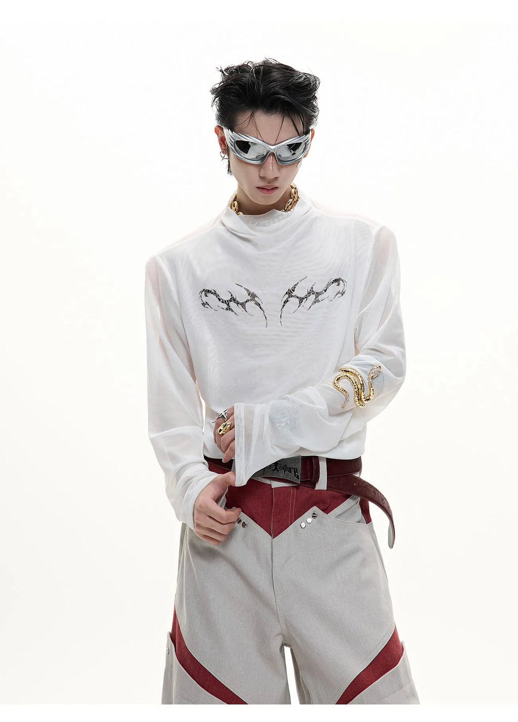 Black mesh slim-fit long sleeve bottoming shirt on a hanger, showing its lightweight texture and close cut.