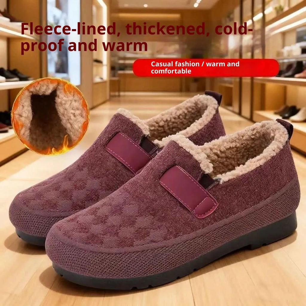 Women's Old Beijing cloth shoes with plaid upper, artificial velboa lining, and flat PVC sole in black, red, or khaki
