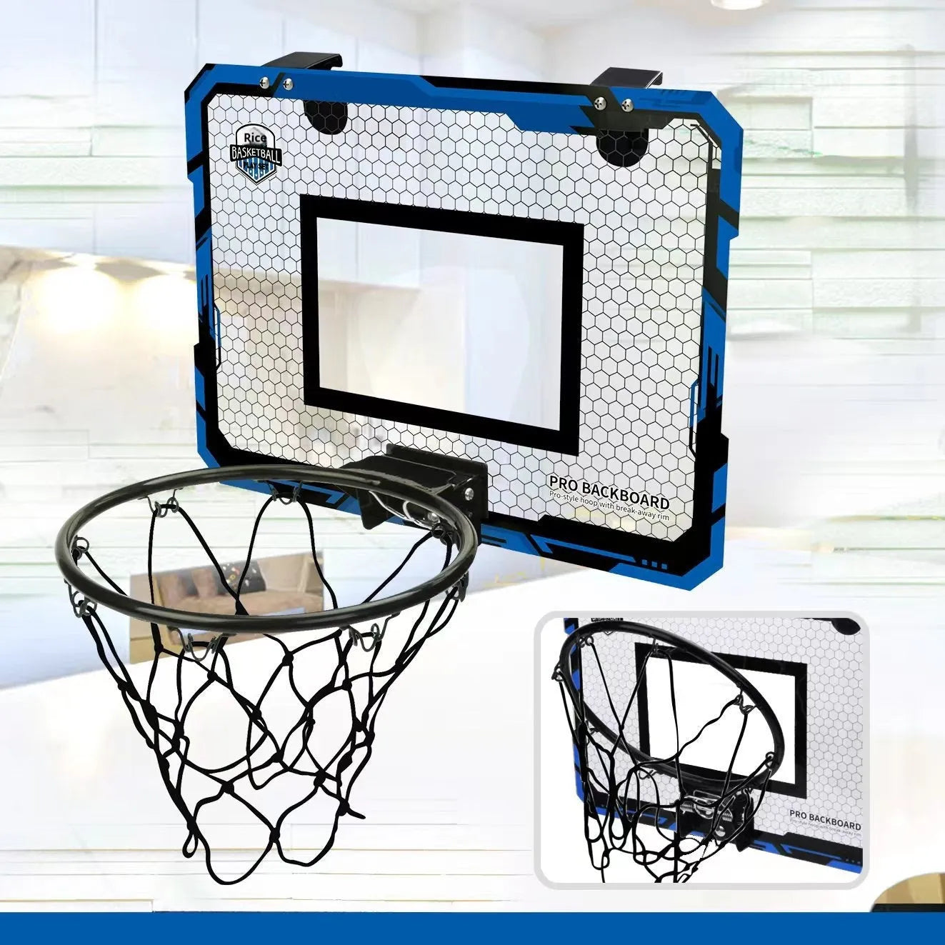 Red folding basketball frame with suction cups mounted on a wall, showing dunk scoring panel.