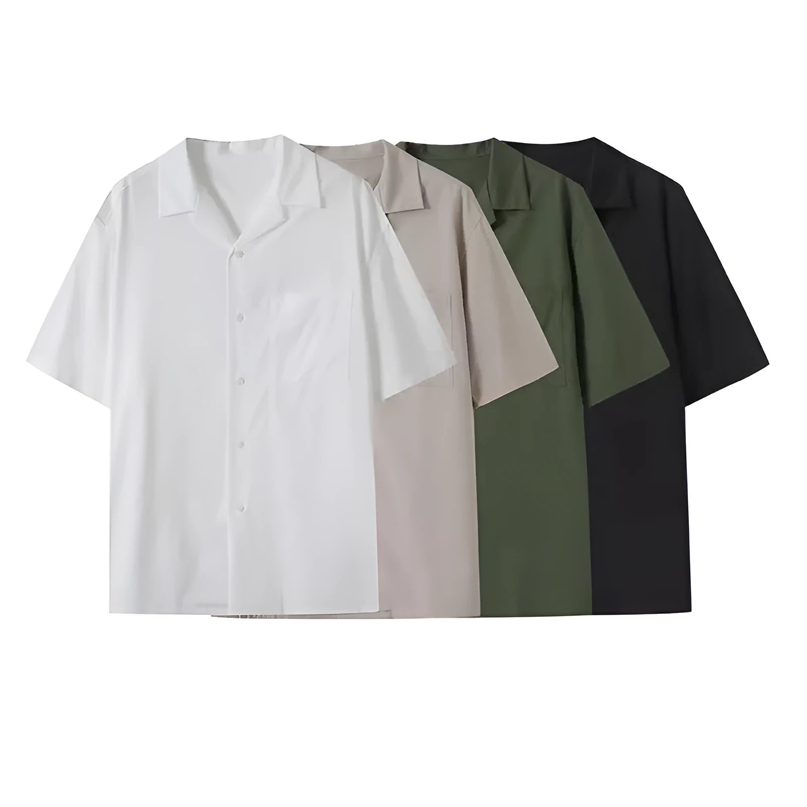 Men's and women's open collar solid colour shirt in beige with half sleeves and front pocket, loose fit