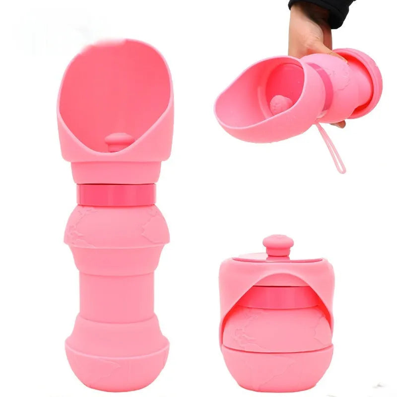 Soft silicone pet folding water cup shown in a choice of colours, collapsed and expanded next to a dog lead.