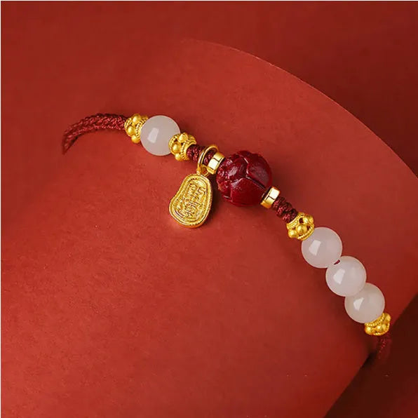 Women's adjustable 925 silver Hetian jade bracelet with cinnabar red rope chain