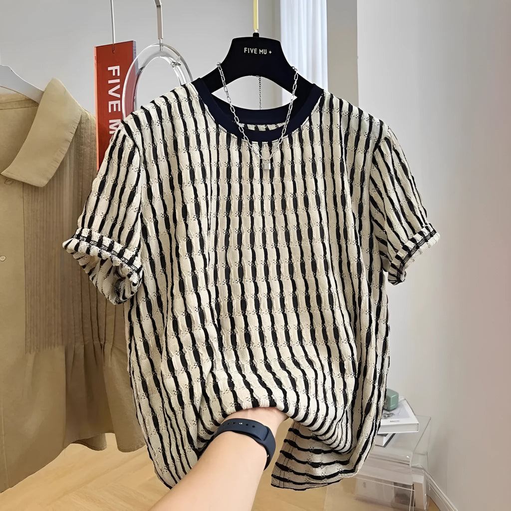 Black striped men's loose linen silk blend short sleeve pullover shirt casual summer wear