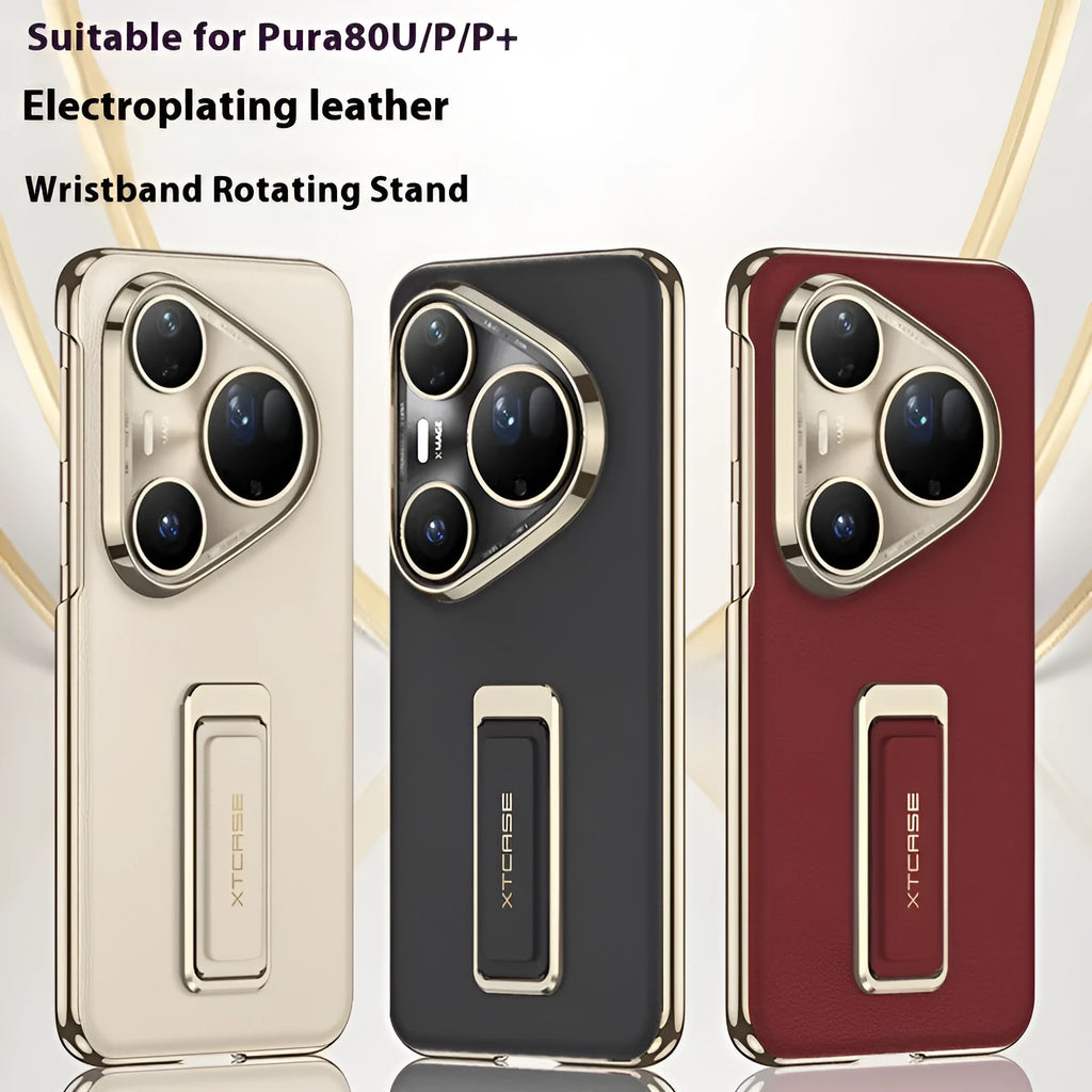 Huawei Pura80Ultra imitation leather phone case with wrist strap and rotating bracket in gold, red, or black.