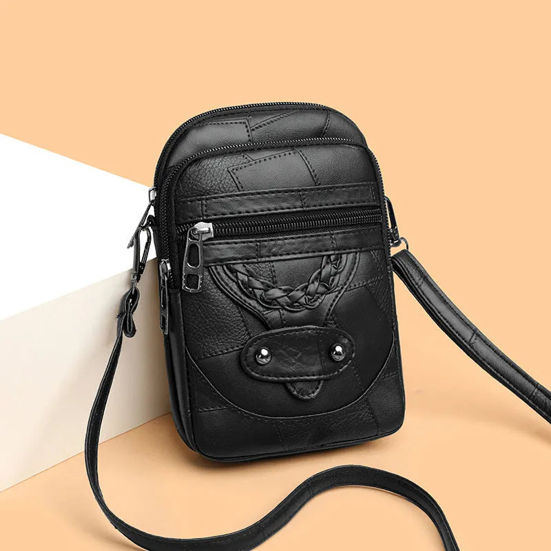 Soft PU leather mobile phone bag with square vertical design and retro weaving elements in choice of four colours