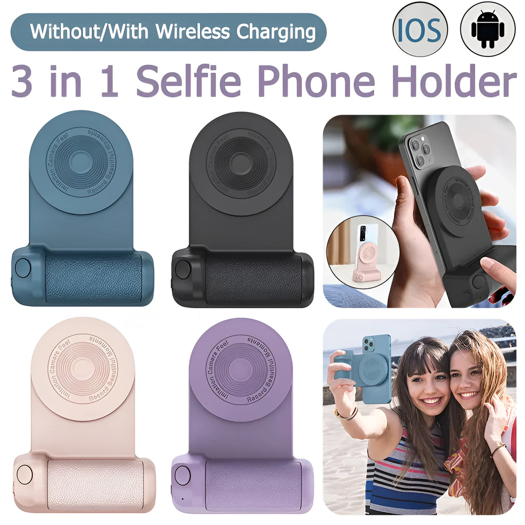 Black magnetic camera grip phone holder with rotatable bracket on wooden table